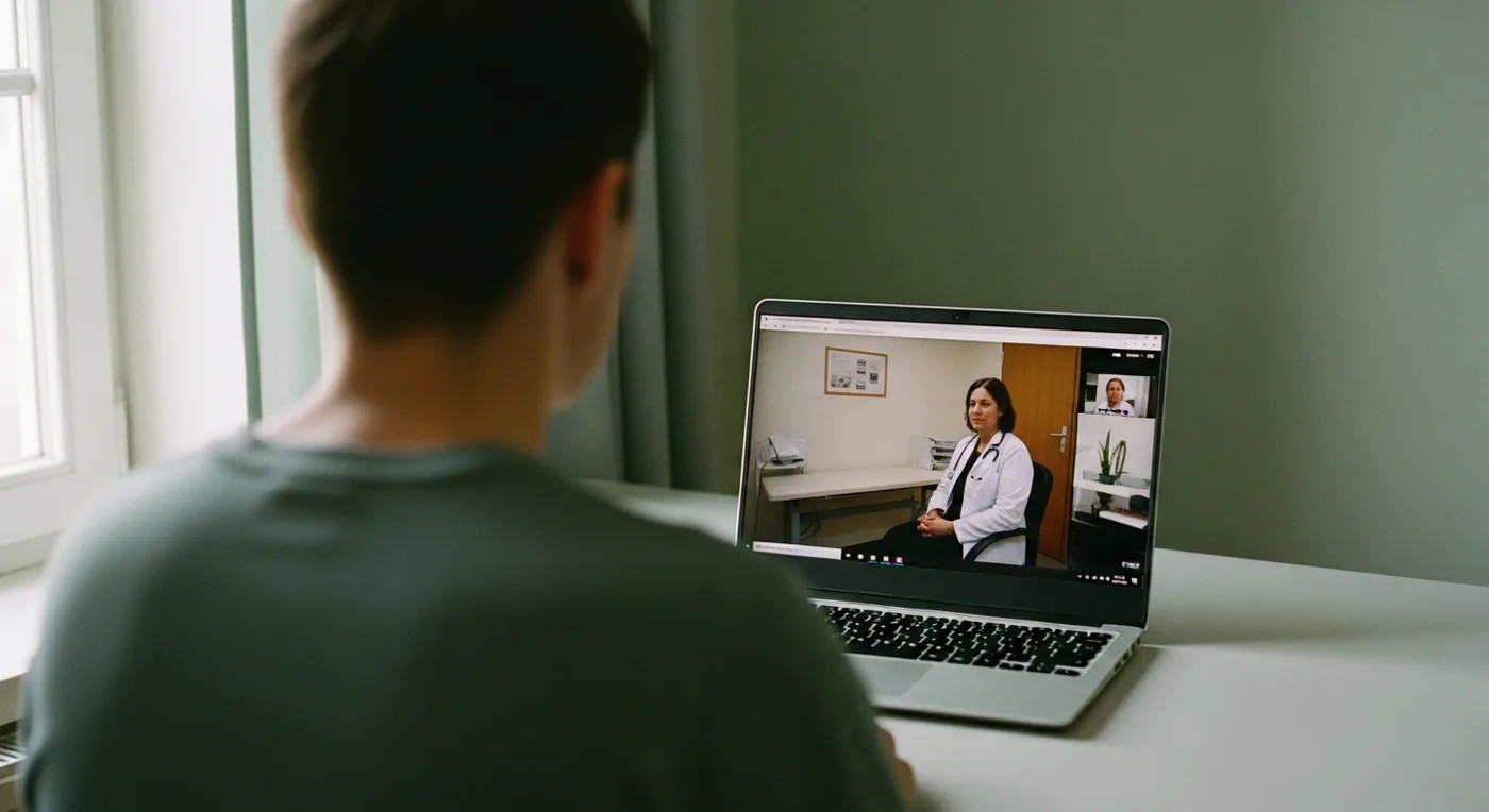 Person sitzt vor einem Laptop und spricht mit einer Ärztin per Videosprechstunde