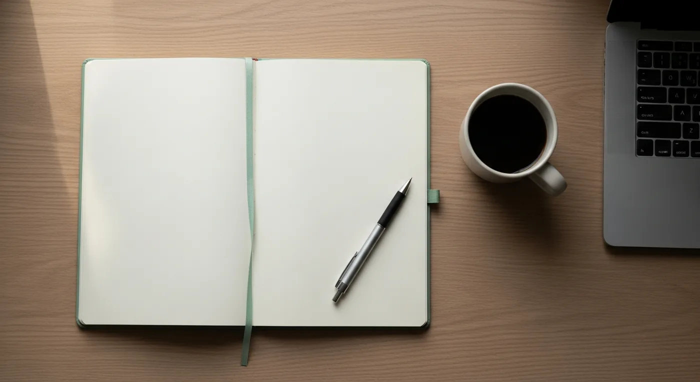 Schreibtisch mit aufgeschlagenem Notizbuch, Stift und Kaffeetasse