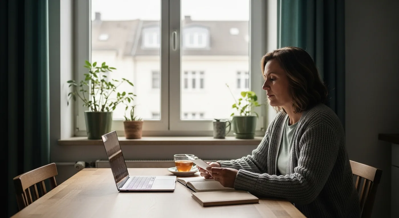 Frau sitzt mit Notizbuch und Tee am Küchentisch und liest etwas auf ihrem Laptop