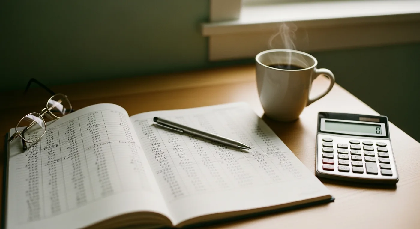 Schreibtisch mit Notizblock, Taschenrechner und Kaffeetasse