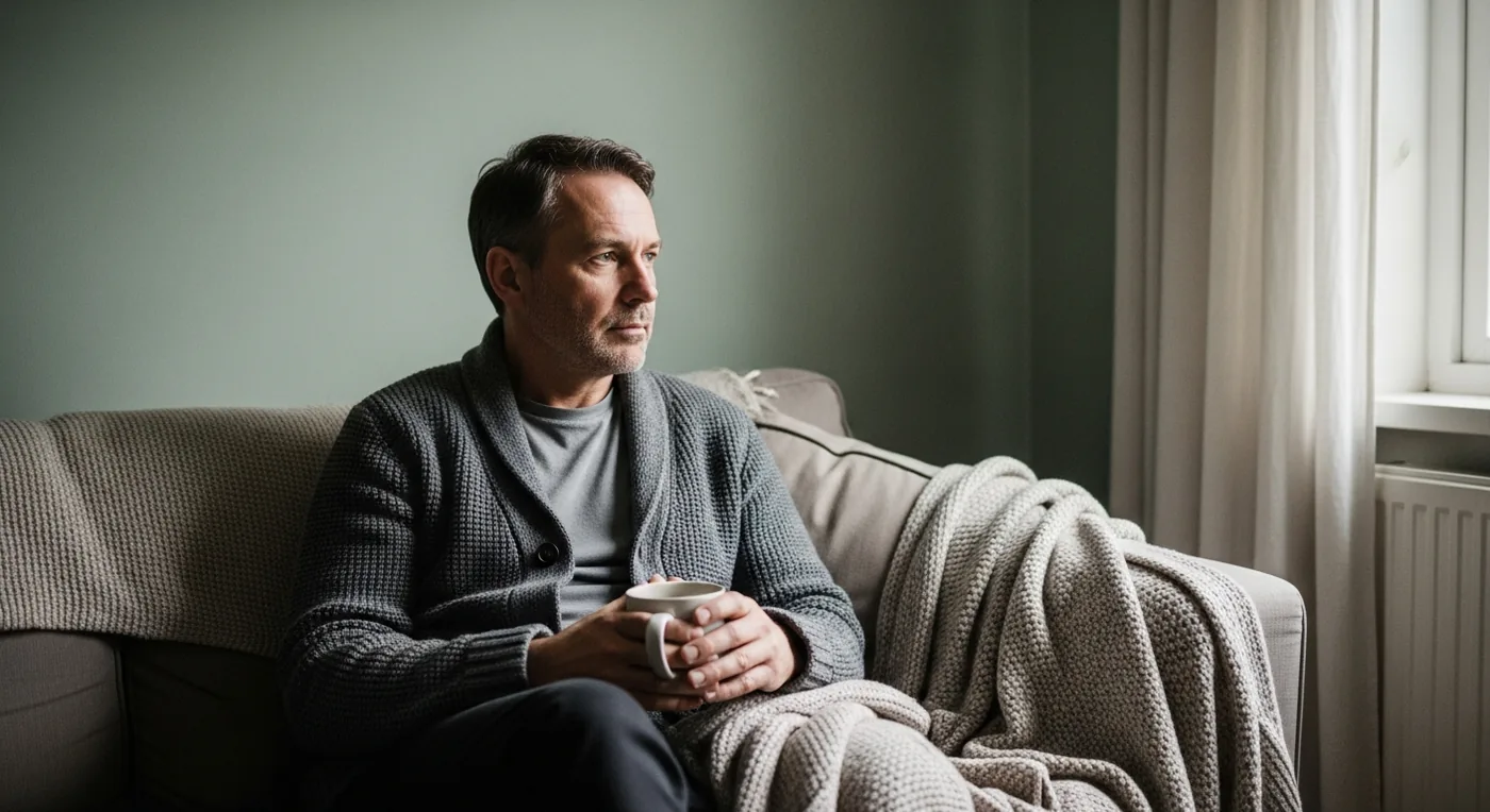 Person sitzt mit einer Tasse Tee auf einem Sofa am Fenster