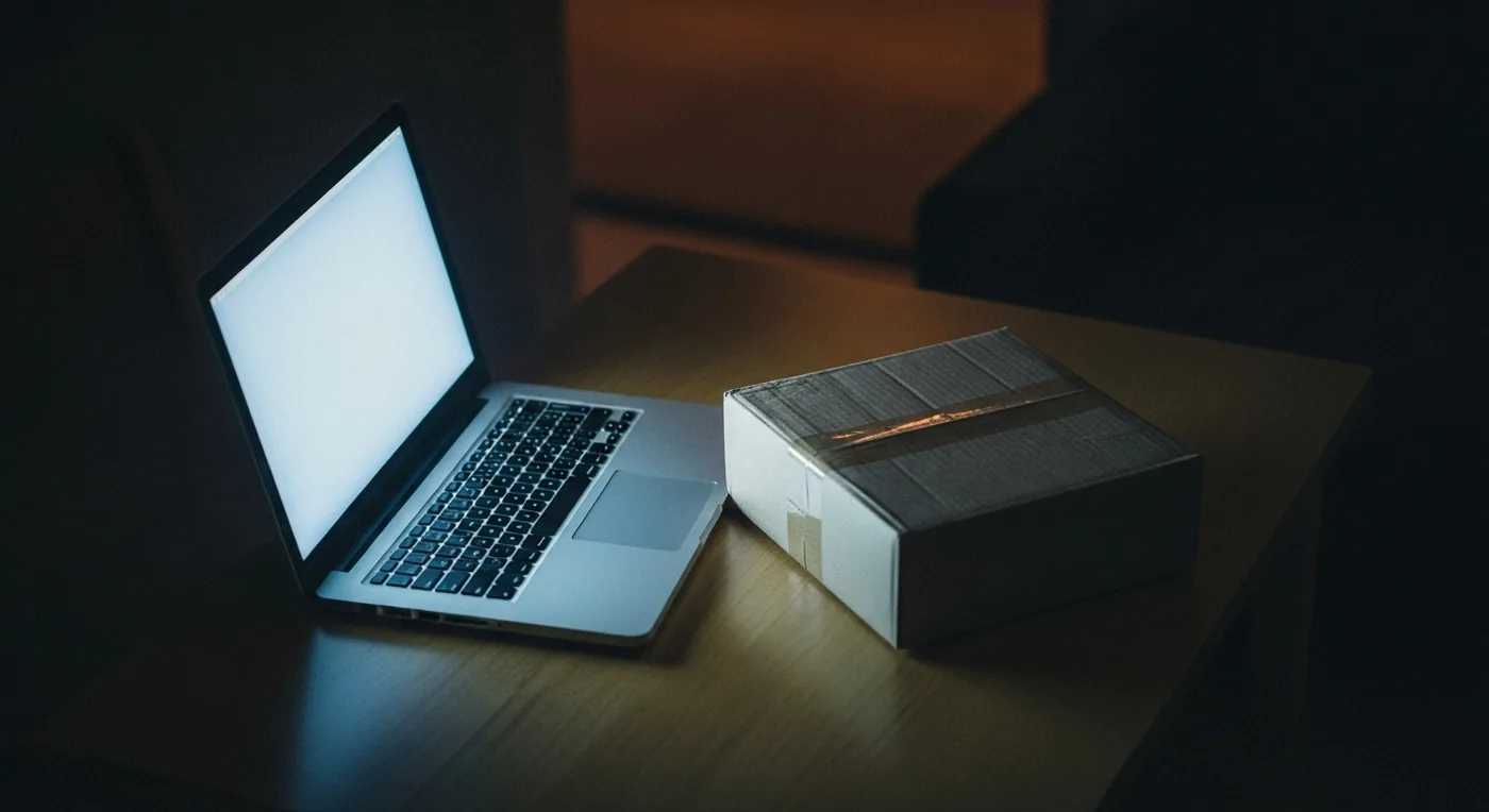 Laptop in einem abgedunkelten Raum, nur vom Bildschirm beleuchtet