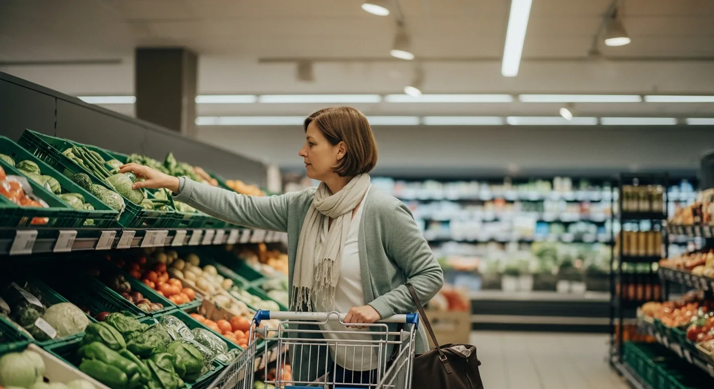 Frau schiebt einen Einkaufswagen mit frischen Lebensmitteln durch einen Supermarkt